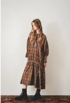 pinue ボウタイヘムギャザーワンピース　チェック　マキシ丈　3/29まで