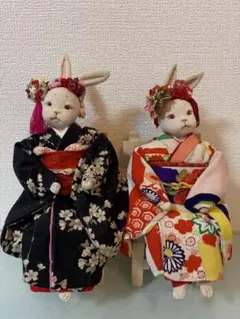 ハンドメイド うさぎ人形 着物 2体セット 和風 縮緬 インテリア