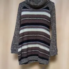 ★ブラウン系ストライプタートルネックニットM
