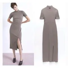 リブ　ニット　ワンピース　ZARA ザラ　スリット　タイト　ハイネック