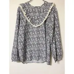 花柄ブラウス レース フリル ネイビー 小花柄 ブルー