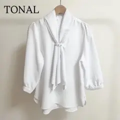 TONAL トーナル ボウタイパール7分袖ブラウス ホワイト