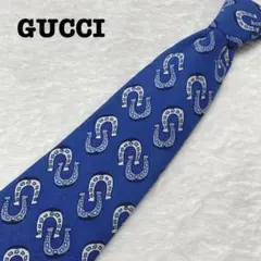 DE0270【古馳 GUCCI】領帶 馬蹄鐵圖案 絲綢 藍色 瑕疵品