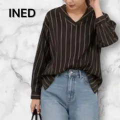 【美品】INED ストライプVネックシャツ ゆったり ブラウン 上品のサムネイル