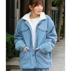 水色 ボア襟 コーデュロイジャケット