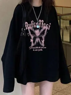 ロンＴ ロング Tシャツ 長袖 オーバーサイズ カットソー 黒 ブラック ピンク