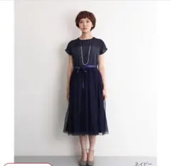 ネイビー パーティードレス 半袖 ミディ丈