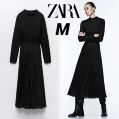 ZARA コントラスト プリーツ ミディワンピース M ドッキング