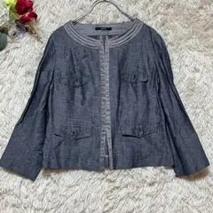 【ロペ】（M）ノーカラージャケット 麻 レーヨン デニム風 ブルー 通勤 日本製のサムネイル