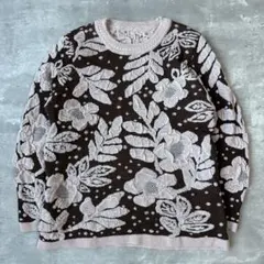 花柄ニット　薄手セーター　ブラウス　ジャガード織　ピンク　ブラウン　レトロ　昭和