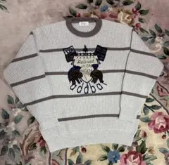 美品 90s adabat 立体刺繍 デザインニット ベージュブラウン ボーダー