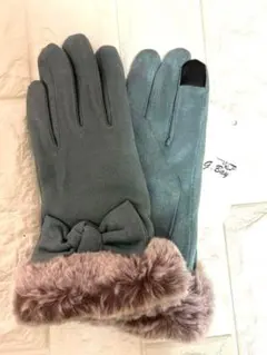 手袋 レディース (スマホ対応) 冬 防寒　ブルーグレー　ハート　スマートフォン