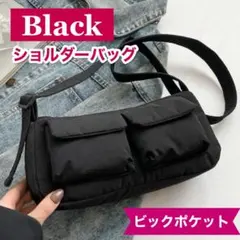 ショルダーバッグ ビックポケット 肩掛け ミニバッグ 黒 ブラック ナイロン