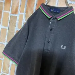 104フレッドペリー日本製 月桂樹 刺繍ロゴ リブライン 半袖M ポロシャツ紺黒