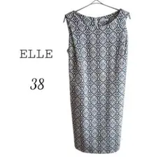 ELLE ワンピース ノースリーブ 総柄 幾何学柄 38 M 白 黒 ひざ丈