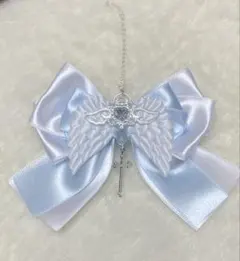 ハンドメイド　天使界隈　サブカル　白、水色リボン　バックチャーム　NO.509