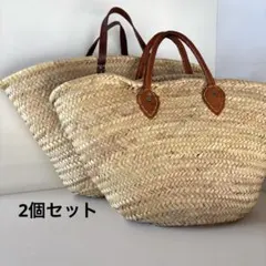 【2個セット】かごバッグ マルシェバッグ 本革 バスケット 革ハンドル 大きめ