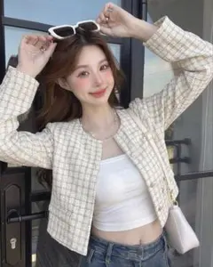 SHEIN ノーカラーカーディガン ツイード風 ホワイトのサムネイル