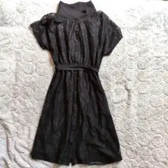ダークグレー レース 半袖ひざ丈ワンピース　Freeeサイズ
