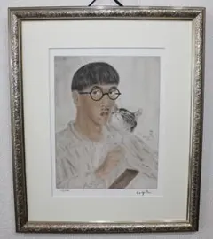 美品 藤田嗣治「猫と自画像」 カルコグラフィー 銅版画 お洒落な額装