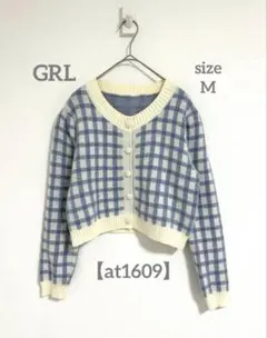 GRL チェック柄 ニットカーディガン ショート丈 ブルー系 M【at1609】