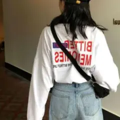 長袖オーバーサイズTシャツ ホワイトTシャツ バック ロゴ プリント XL