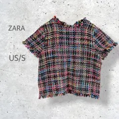 ★【ZARA】　ツイード　半袖　カットソー　マルチカラー　カットオフ　高見え
