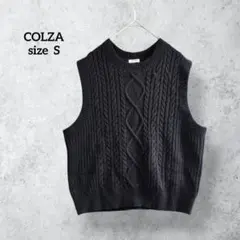 コルザ ケーブル編み ニットベスト ブラック 春秋冬 クルーネック H0798