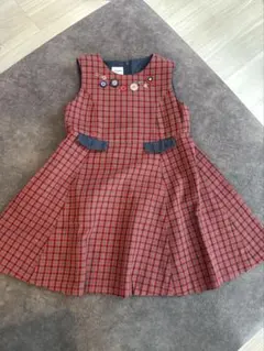【美品】ファミリア　赤チェック　刺繍ワンピース　100㎝