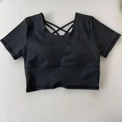 ヨガウェア クロスストラップ トップス　バット付き半袖　XL ブラック