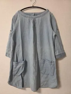 コットン100% ロールアップ袖 チュニックワンピ M 水色