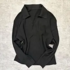 UNIQLO リブ スキッパーカラー ニットポロ 長袖 ブラック M モノトーン