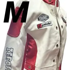 シングルライダースジャケット ホワイト レッド ワッペン フェイクレザー 赤 ②