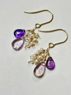 ☆天然石アメジストと淡水パールの可愛いピアス(サージカルステンレスフック)