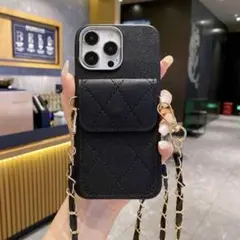 SHEIN iPhone16ケース 黒 カード収納 ストラップ ショルダー
