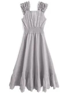 フリルショルダー花柄刺繍コットンフレアワンピース　pm588 グレイル GRL