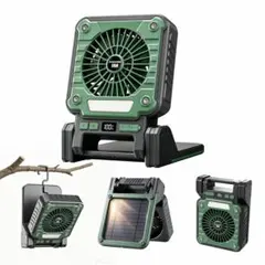 ソーラー充電対応 多機能ハンディファン グリーン LED付き