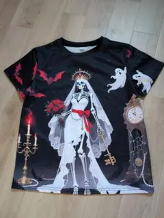 ハロウィン スカル 花嫁 プリント 半袖 Tシャツ ブラック