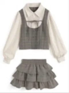 グレンチェック柄シャツドッキングトップス×ティアードミニスカートセットアップ