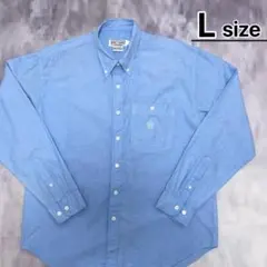 USA古着　ボタンダウンシャツ　長袖　L　ライトブルー　水色　無地　刺繍　ロゴ