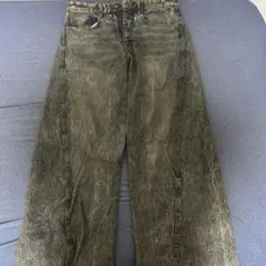 ダメージ加工 ブラック系 ワイドレッグデニムパンツ