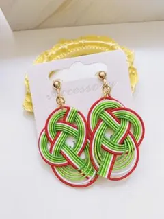 ハンドメイド　水引5本どりあわじ結びイヤリング　メロンソーダ