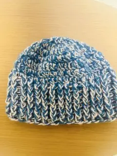 ニット帽　☆ハンドメイド☆ ブルー×オフホワイト