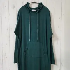 ゆったりフーディーロングワンピース 深緑 L マキシ丈 楽ちんスリット