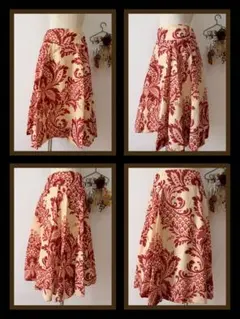 DKNY　ダナキャランニューヨーク　赤×クリーム色花柄フレアスカート　サイズ４