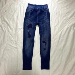 カジュアル デニム風 レギンス パンツ 足跡デザイン ストレッチ 個性的