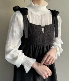 【JUNOAH】 肩リボンジャガードキャミワンピース ブラック