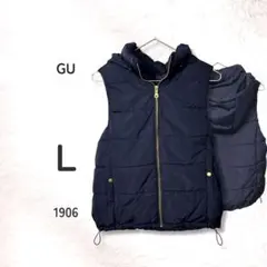 GU ジーユー ヒートパデッド 中綿ベスト L ネイビー フード 秋冬 防寒 紺のサムネイル