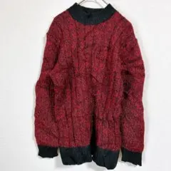ヴィンテージ風 ケーブルニット レッド ブラック クルーネック 古着女子　赤