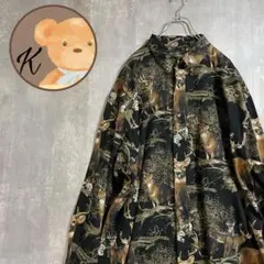 【人気柄◎】長袖 総柄 シャツ 動物 アニマル 鹿 柄 アイボリー メンズ XL